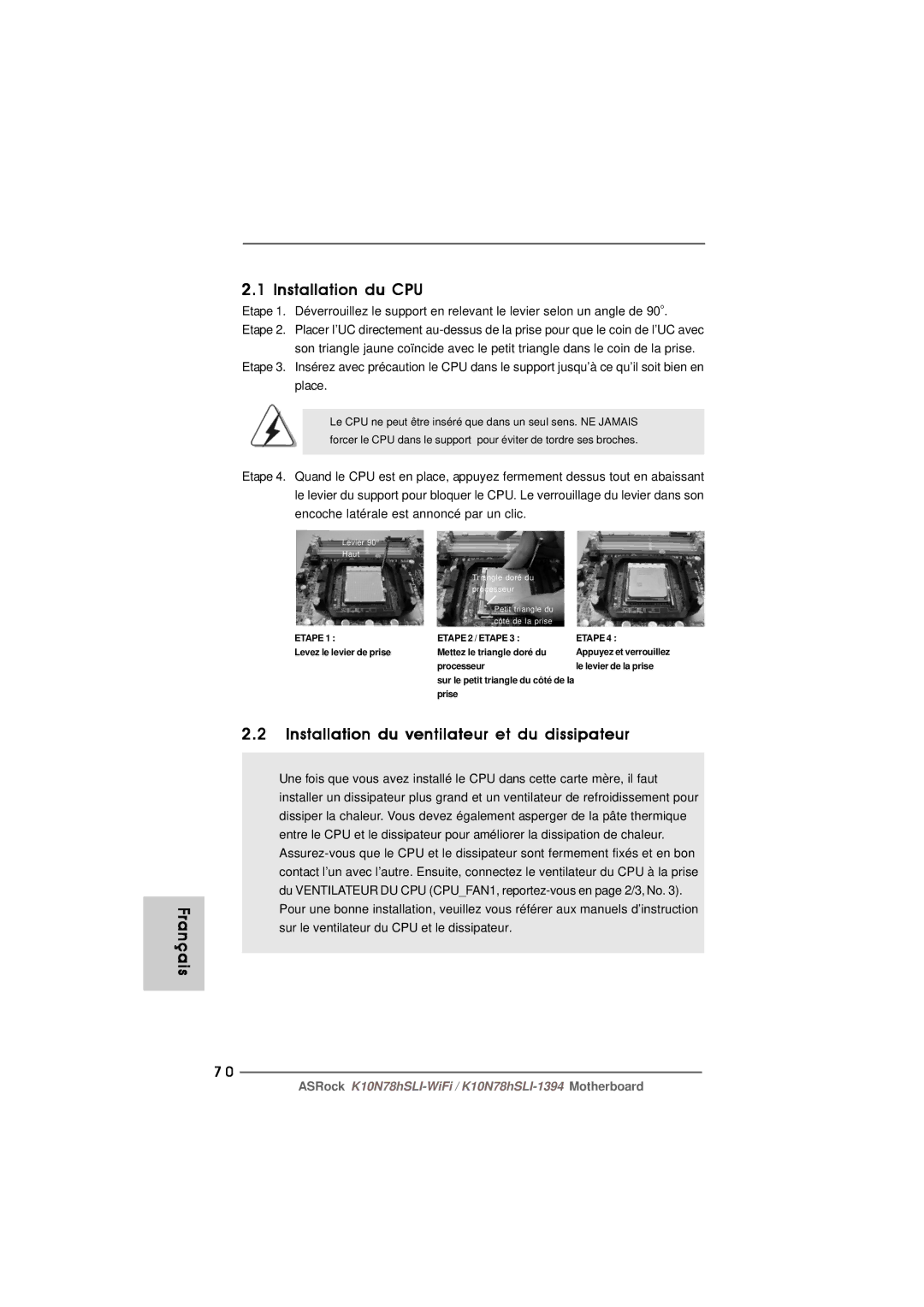 ASRock K10N78hSLI-WiFi manual Français Installation du CPU, Installation du ventilateur et du dissipateur 