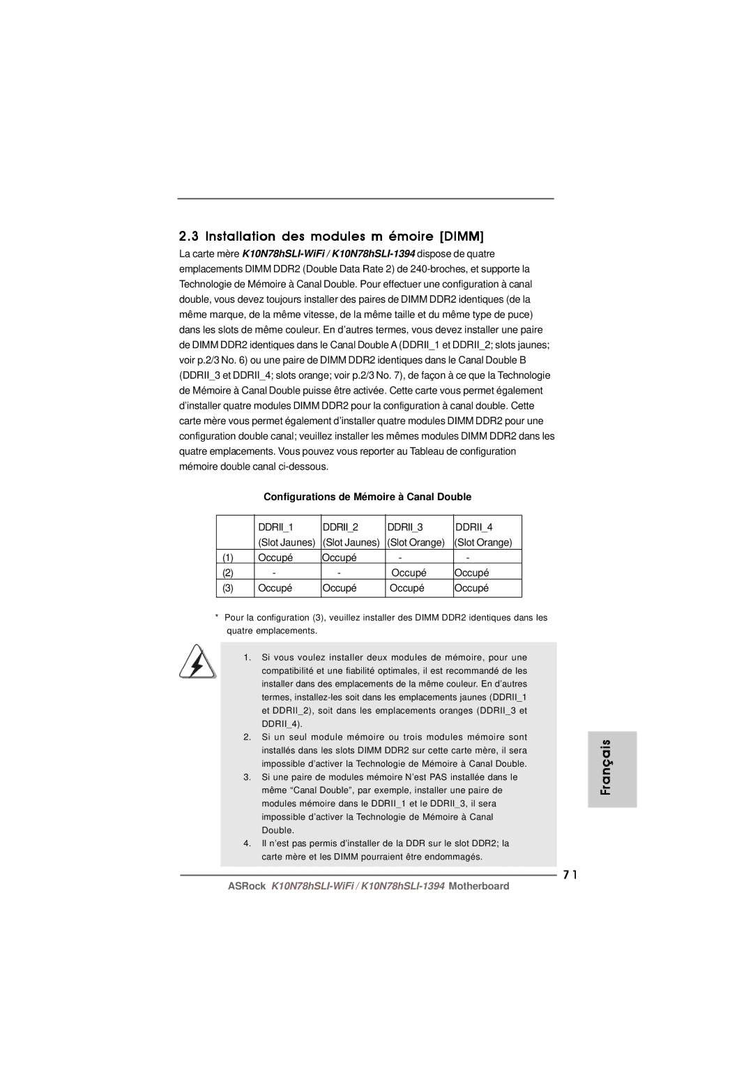 ASRock K10N78hSLI-WiFi manual Installation des modules m émoire Dimm, Configurations de Mémoire à Canal Double 