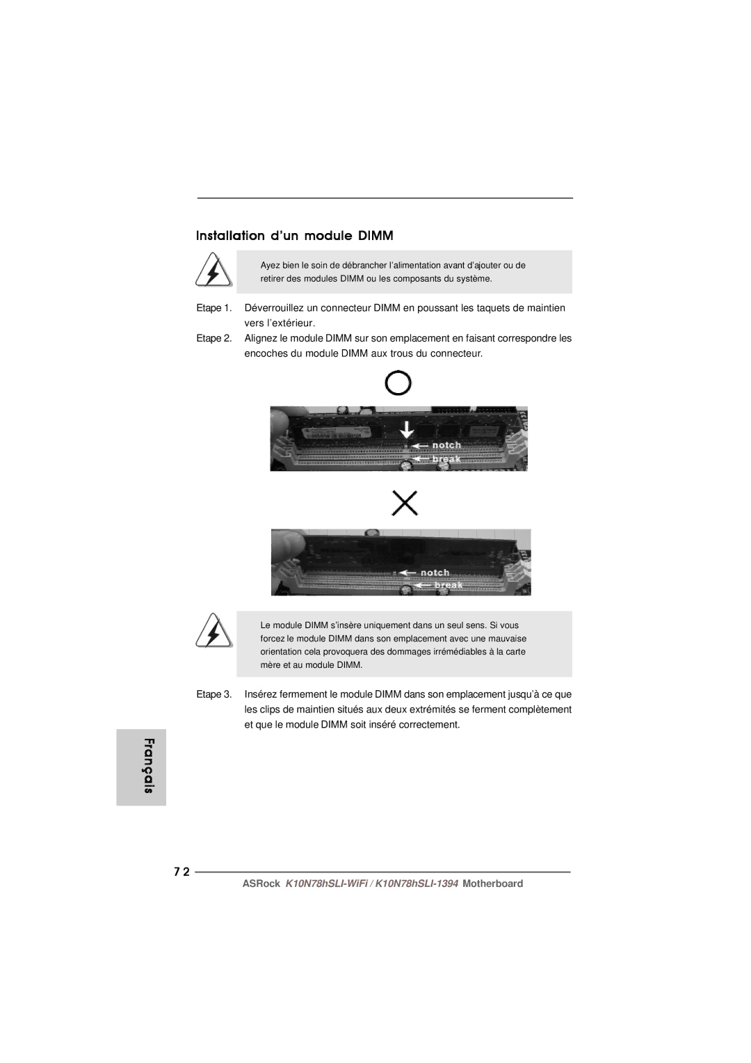 ASRock K10N78hSLI-WiFi manual Installation d’un module Dimm 