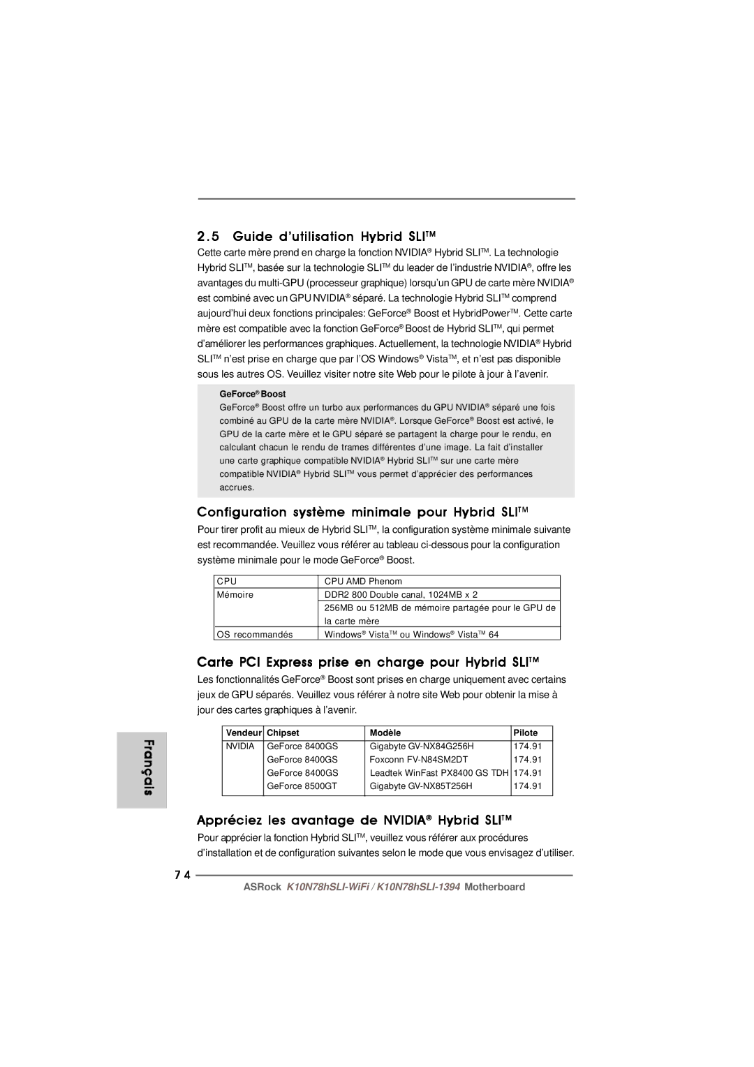 ASRock K10N78hSLI-WiFi manual Guide d’utilisation Hybrid Slitm, Configuration système minimale pour Hybrid Slitm 