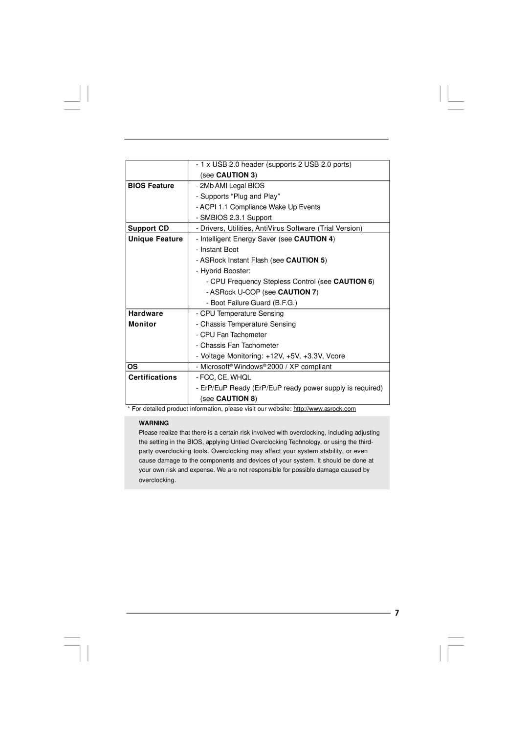 ASRock K7S41GX2 manual See Caution, Bios Feature, Support CD, Unique Feature, Hardware, Monitor, Certifications 