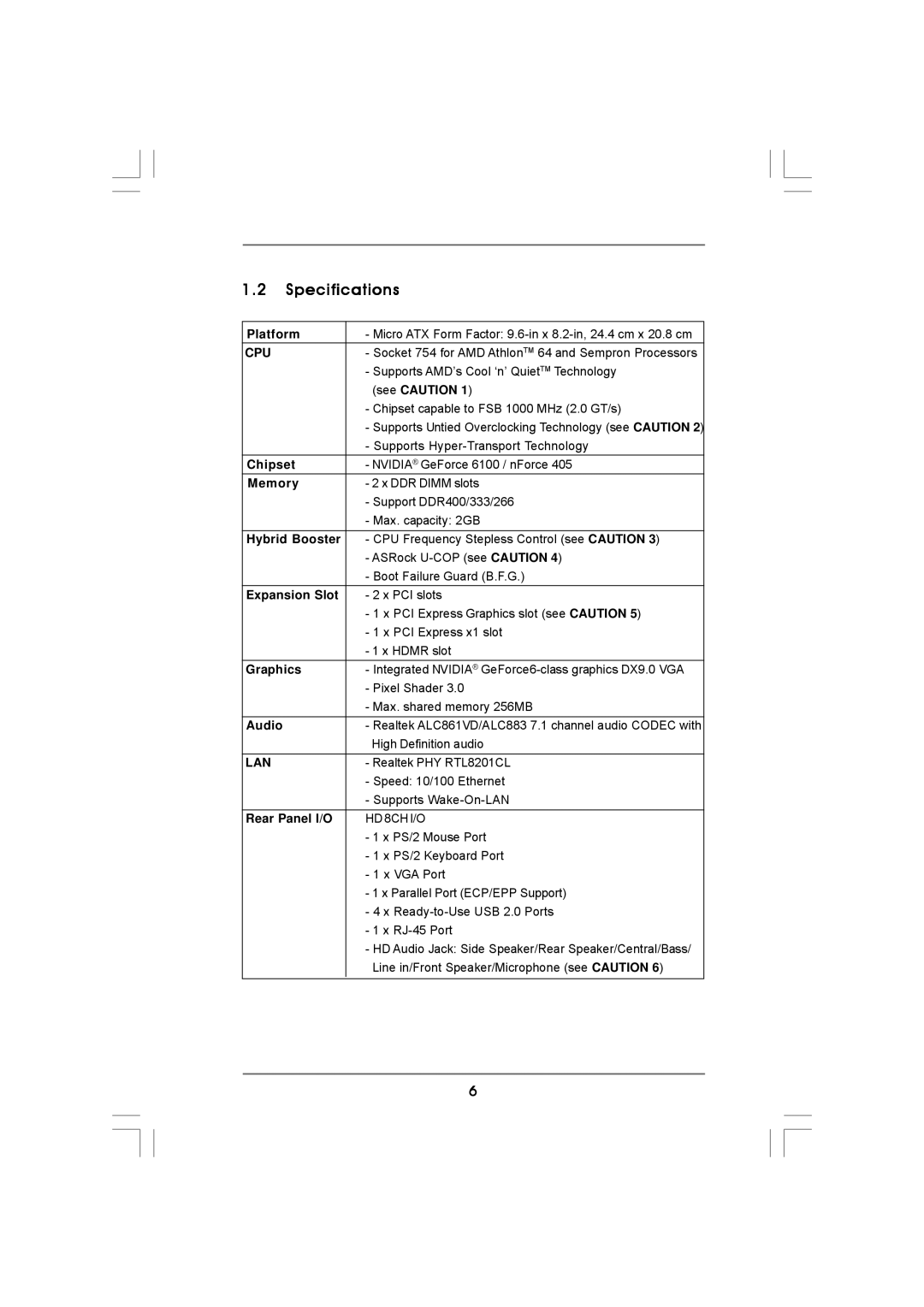 ASRock K8NF6G-VSTA manual Specifications 