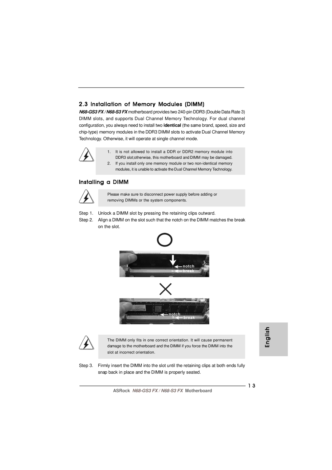 ASRock N68-GS3 FX manual Installation of Memory Modules Dimm, Installing a Dimm 