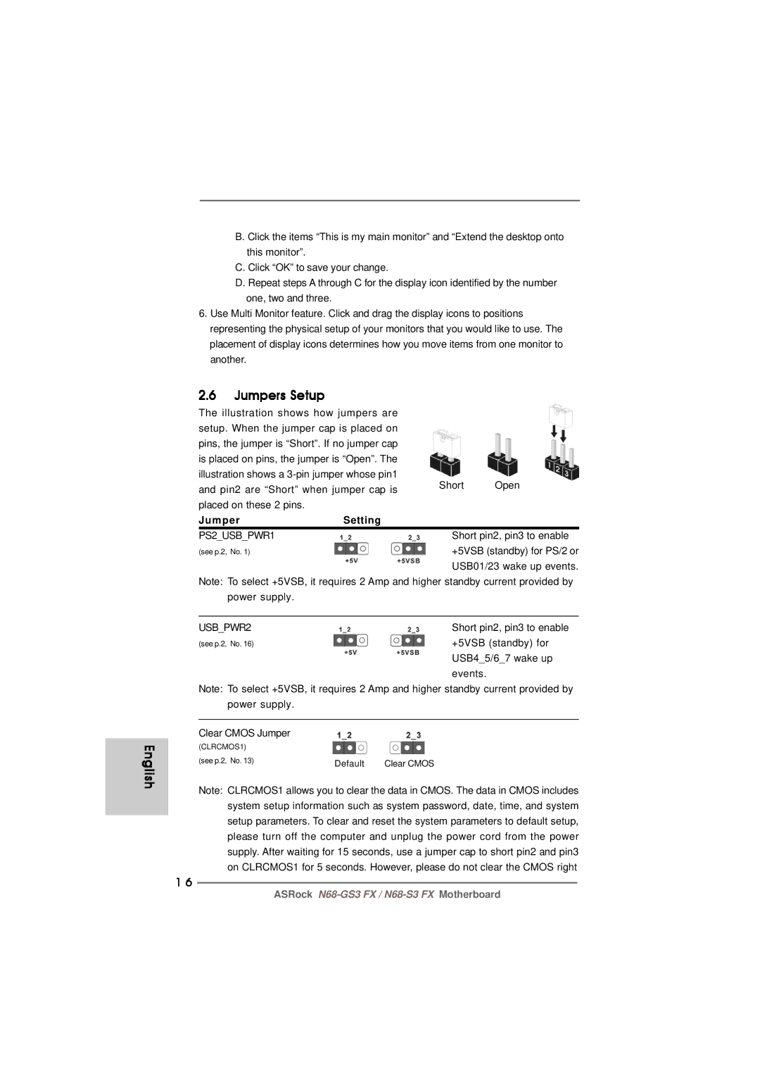 ASRock N68-GS3 FX manual Jumpers Setup, Jumper Setting 