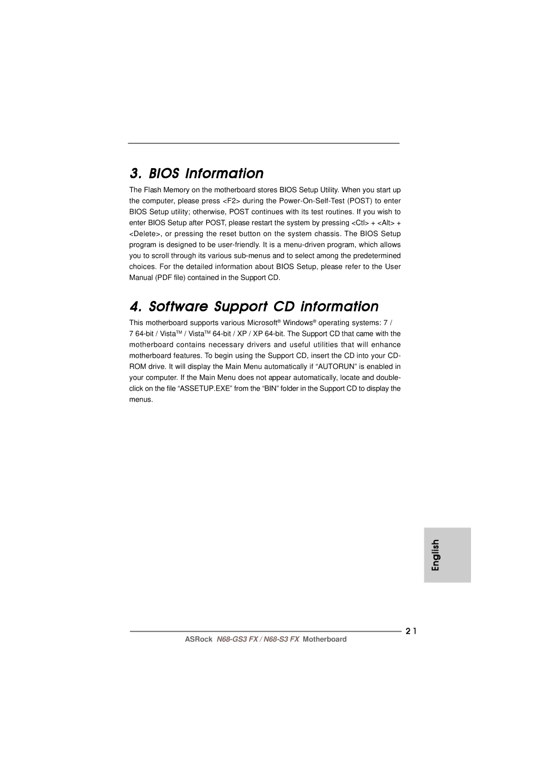 ASRock N68-GS3 FX manual Bios Information Software Support CD information 