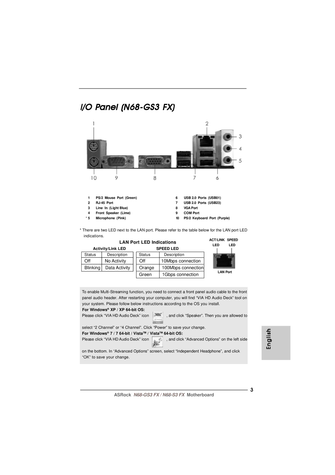 ASRock manual Panel N68-GS3 FX, LAN Port LED Indications, Off No Activity Blinking Data Activity 