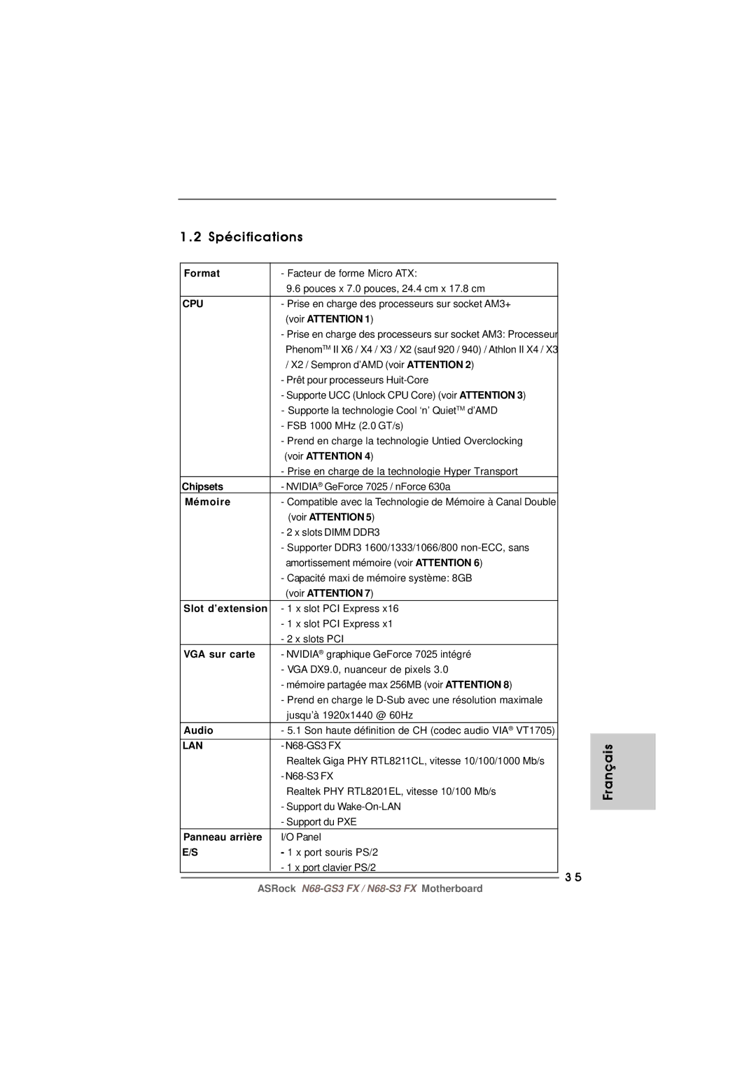 ASRock N68-GS3 FX manual Spécifications 