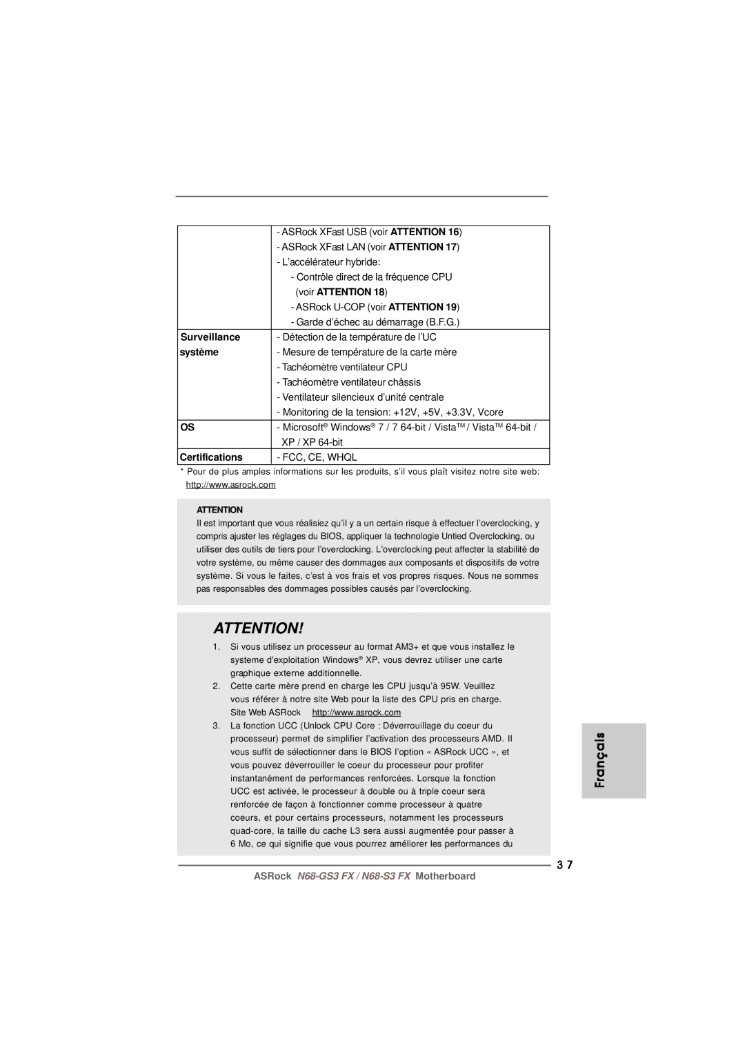 ASRock N68-GS3 FX manual Surveillance, Système 