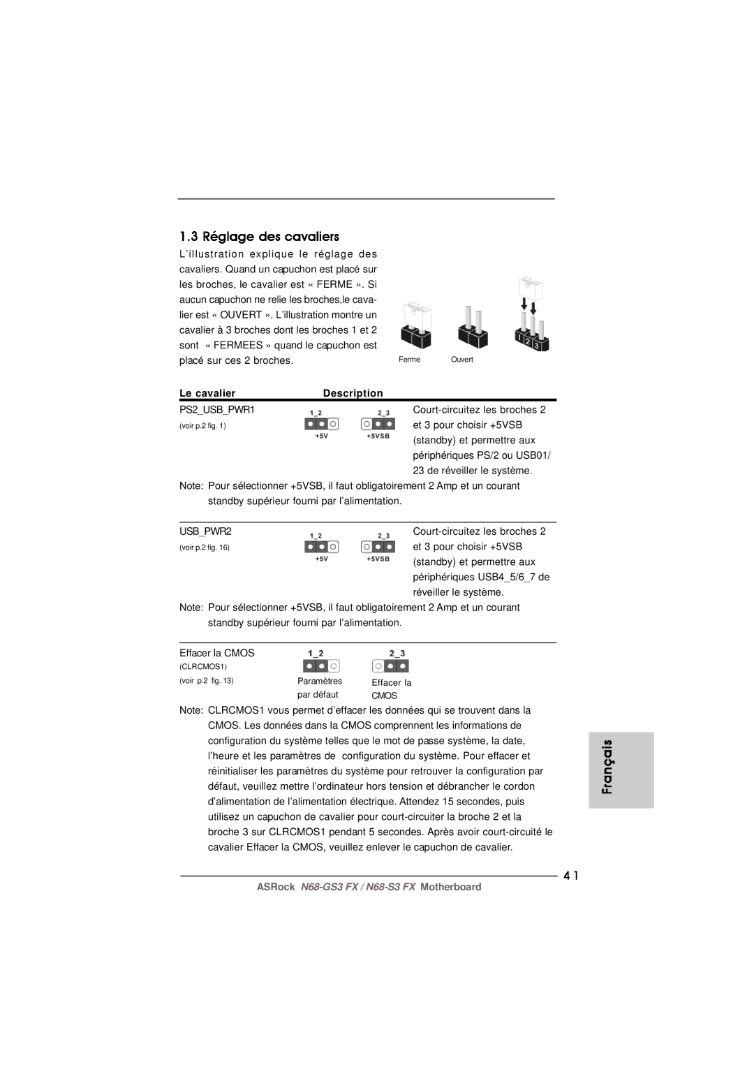 ASRock N68-GS3 FX manual Réglage des cavaliers, Description 