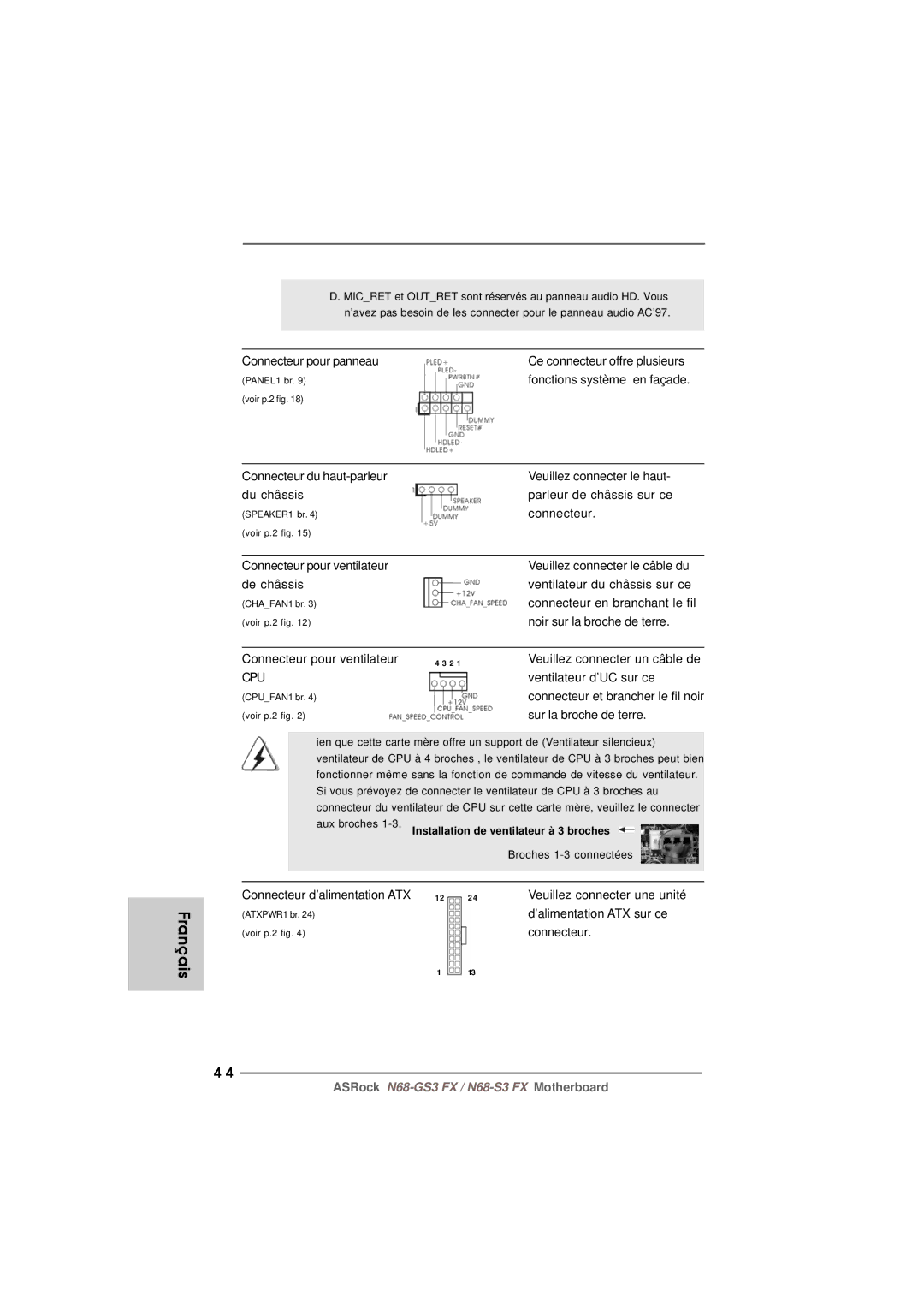 ASRock N68-GS3 FX manual Connecteur d’alimentation ATX Veuillez connecter une unité, ’alimentation ATX sur ce 