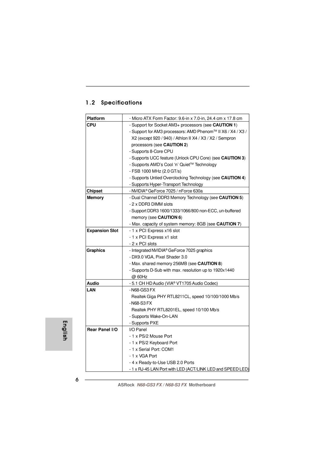 ASRock N68-GS3 FX manual English Specifications 