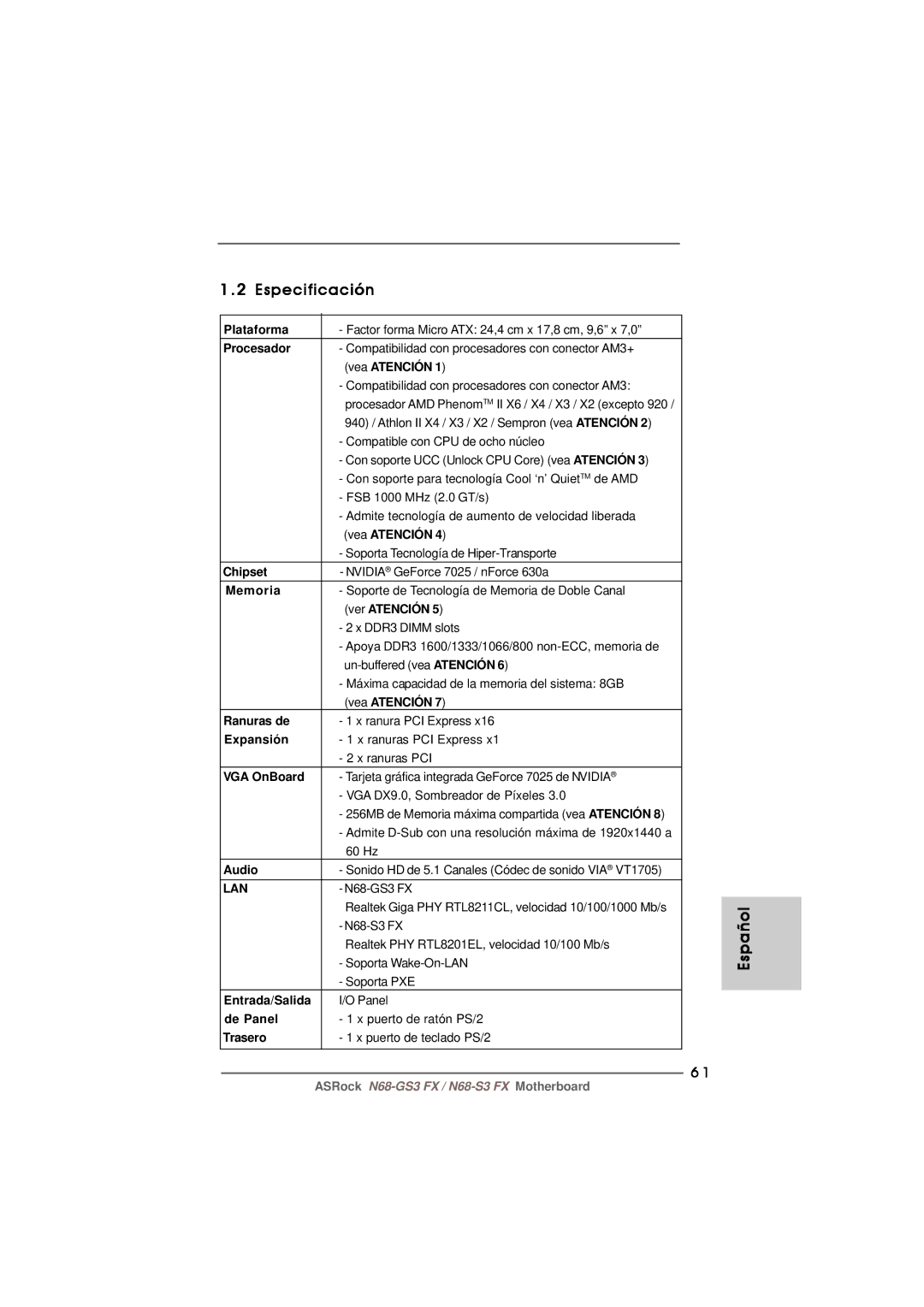 ASRock N68-GS3 FX manual Especificación 