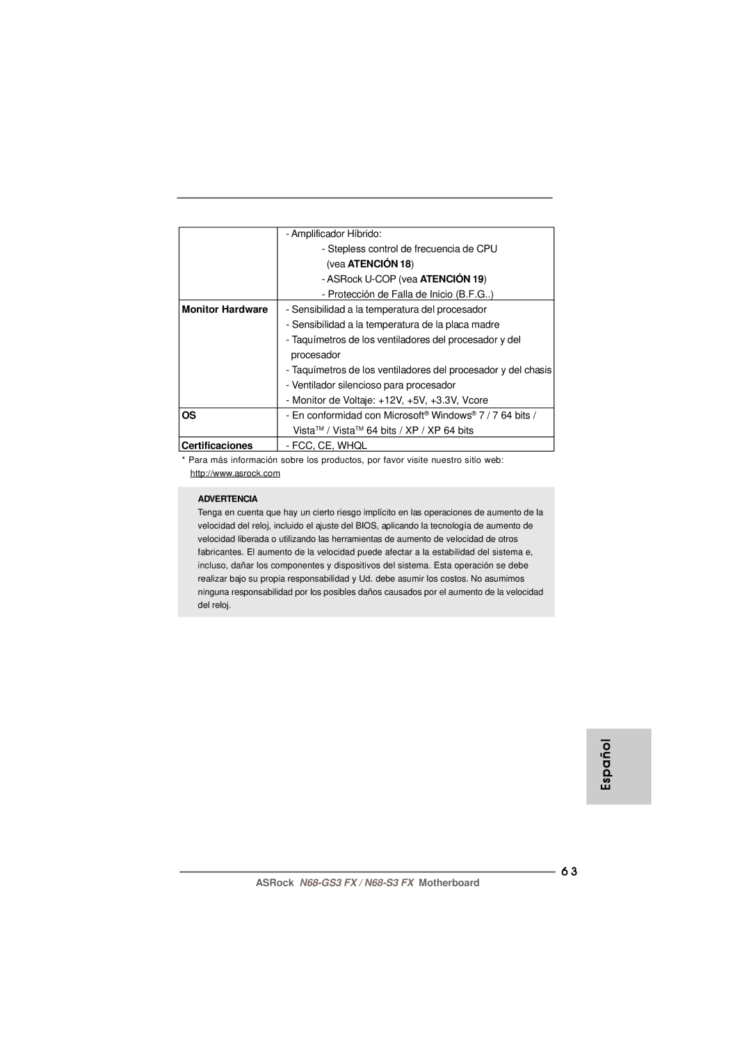 ASRock N68-GS3 FX manual Monitor Hardware, Certificaciones 