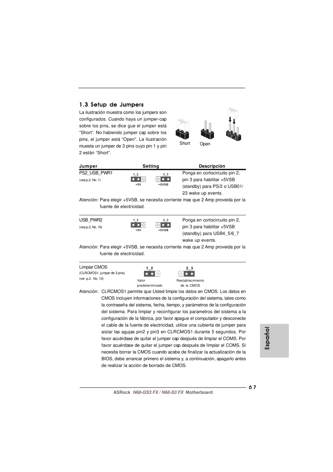 ASRock N68-GS3 FX manual Setup de Jumpers, Jumper Setting Descripción 