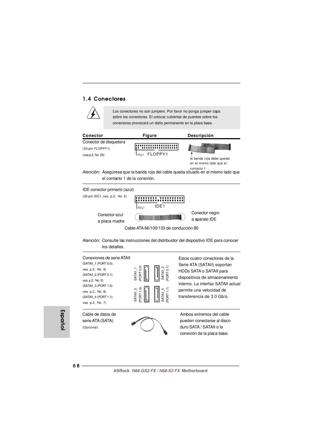 ASRock N68-GS3 FX manual Conectores, Conector Descripción 