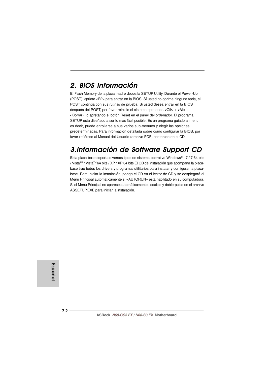 ASRock N68-GS3 FX manual Bios Información Información de Software Support CD 