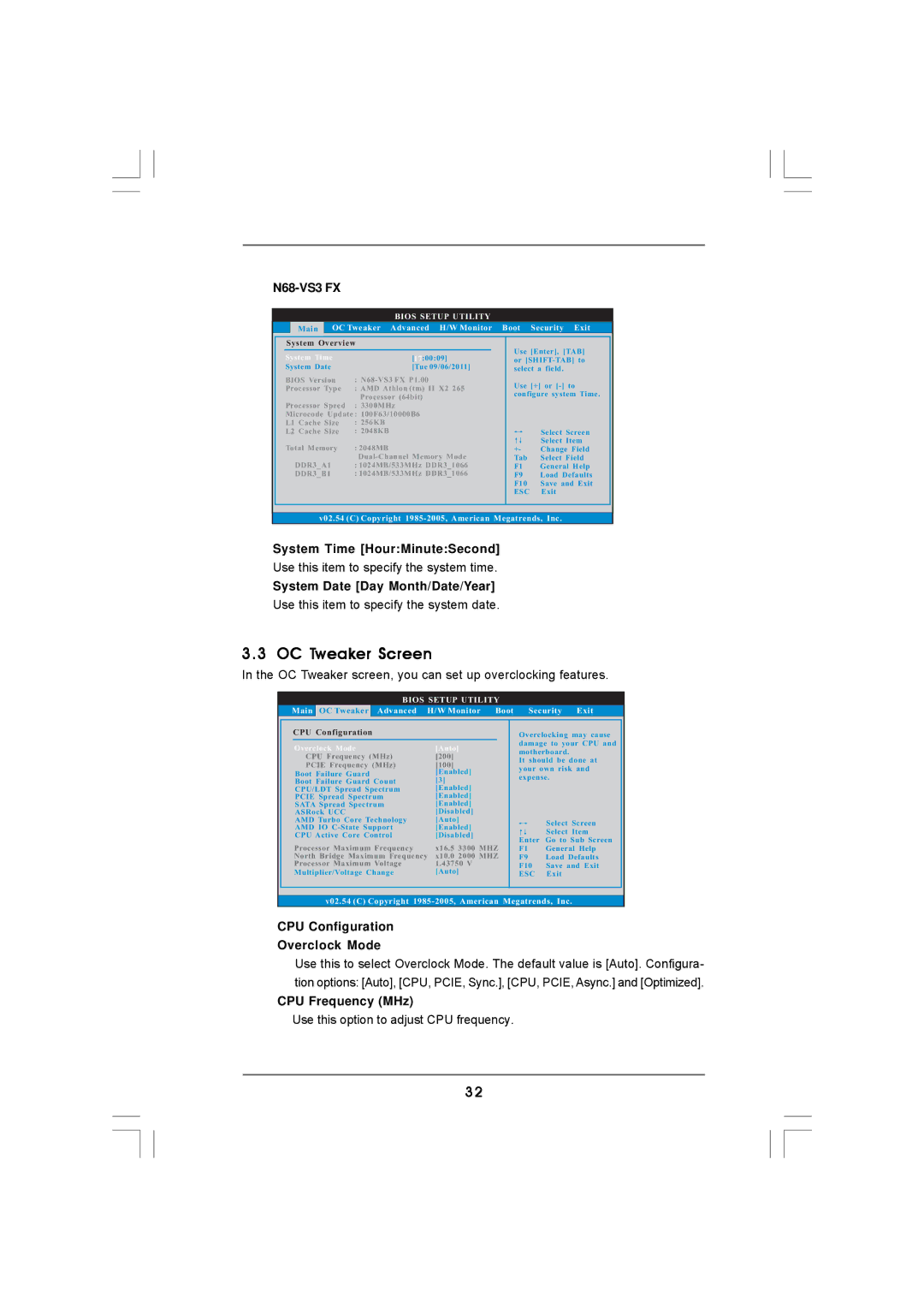 ASRock N68-VS3 FX manual OC Tweaker Screen, CPU Configuration Overclock Mode, CPU Frequency MHz, Overclock Mode Auto 