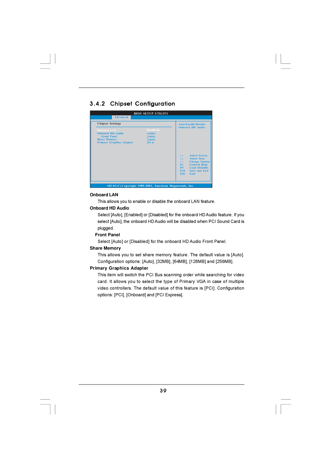 ASRock N68-VS3 FX manual Onboard LAN, Onboard HD Audio, Front Panel, Share Memory, Primary Graphics Adapter 