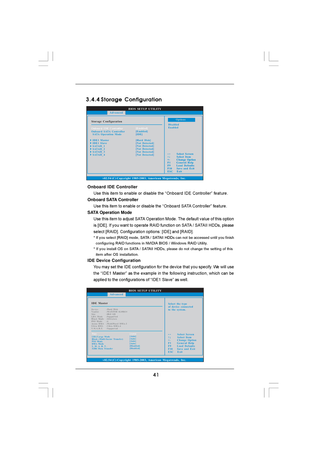 ASRock N68-VS3 FX manual Storage Configuration, Onboard IDE Controller, Onboard Sata Controller, Sata Operation Mode 