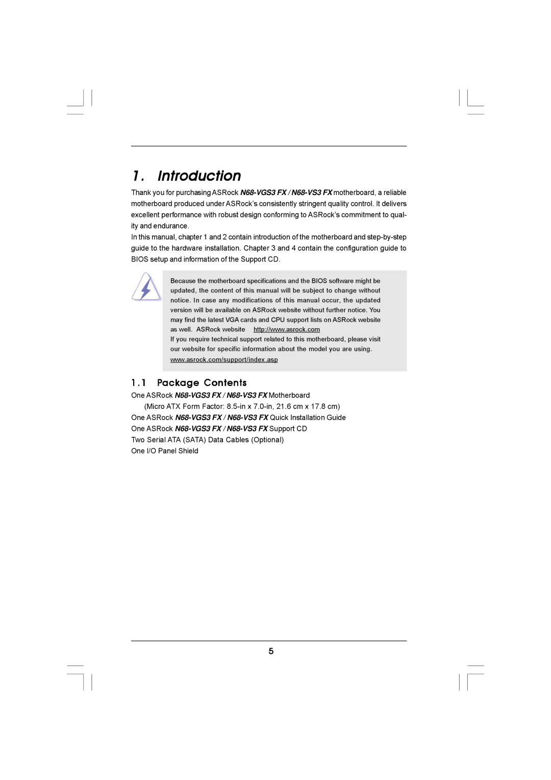 ASRock N68-VS3 FX manual Introduction, Package Contents 