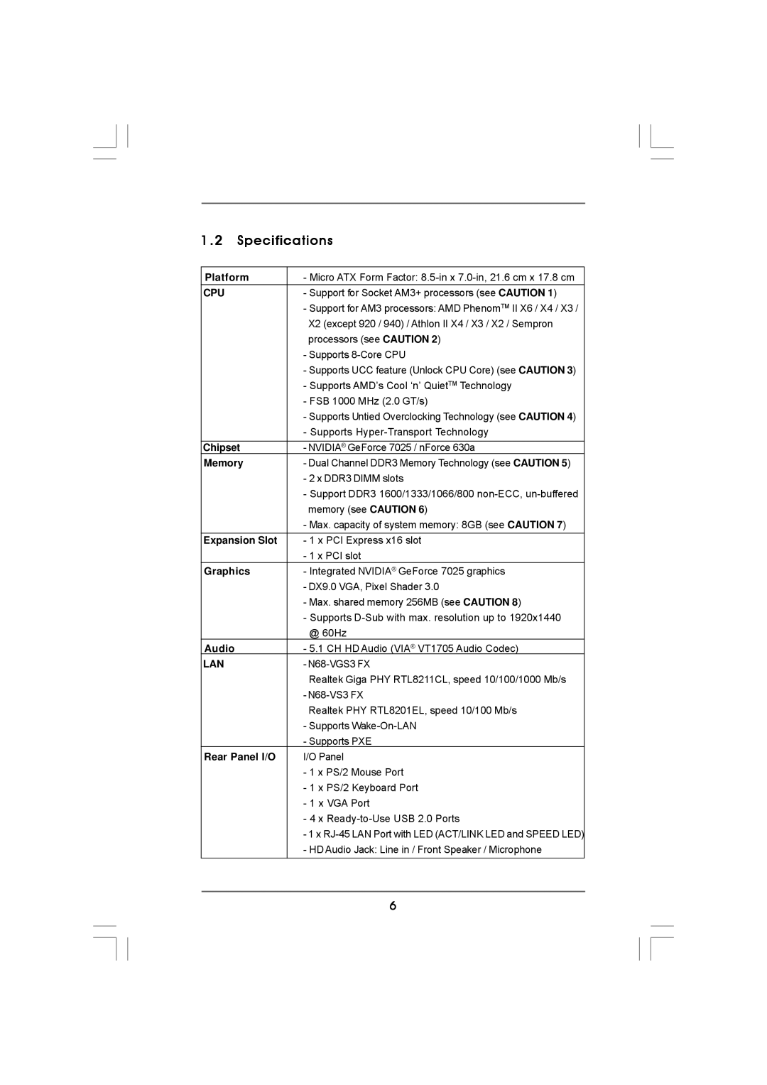 ASRock N68-VS3 FX manual Specifications, Cpu, Lan 