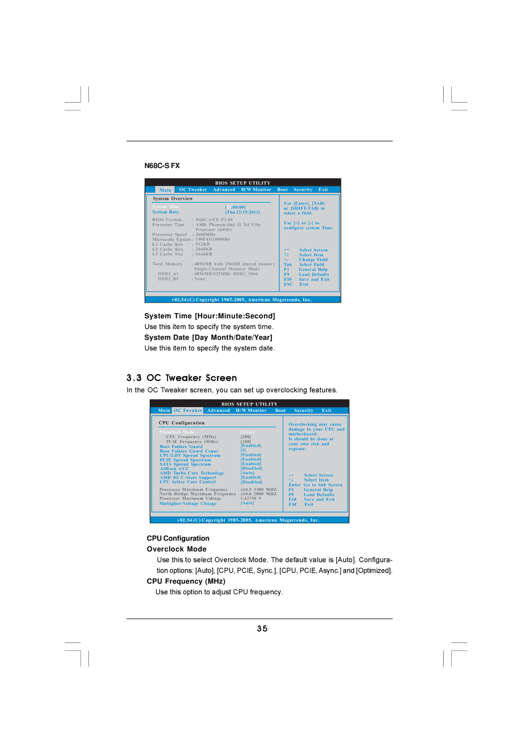 ASRock N68C-GS FX OC Tweaker Screen, N68C-S FX, CPU Configuration Overclock Mode, CPU Frequency MHz, Overclock Mode Auto 