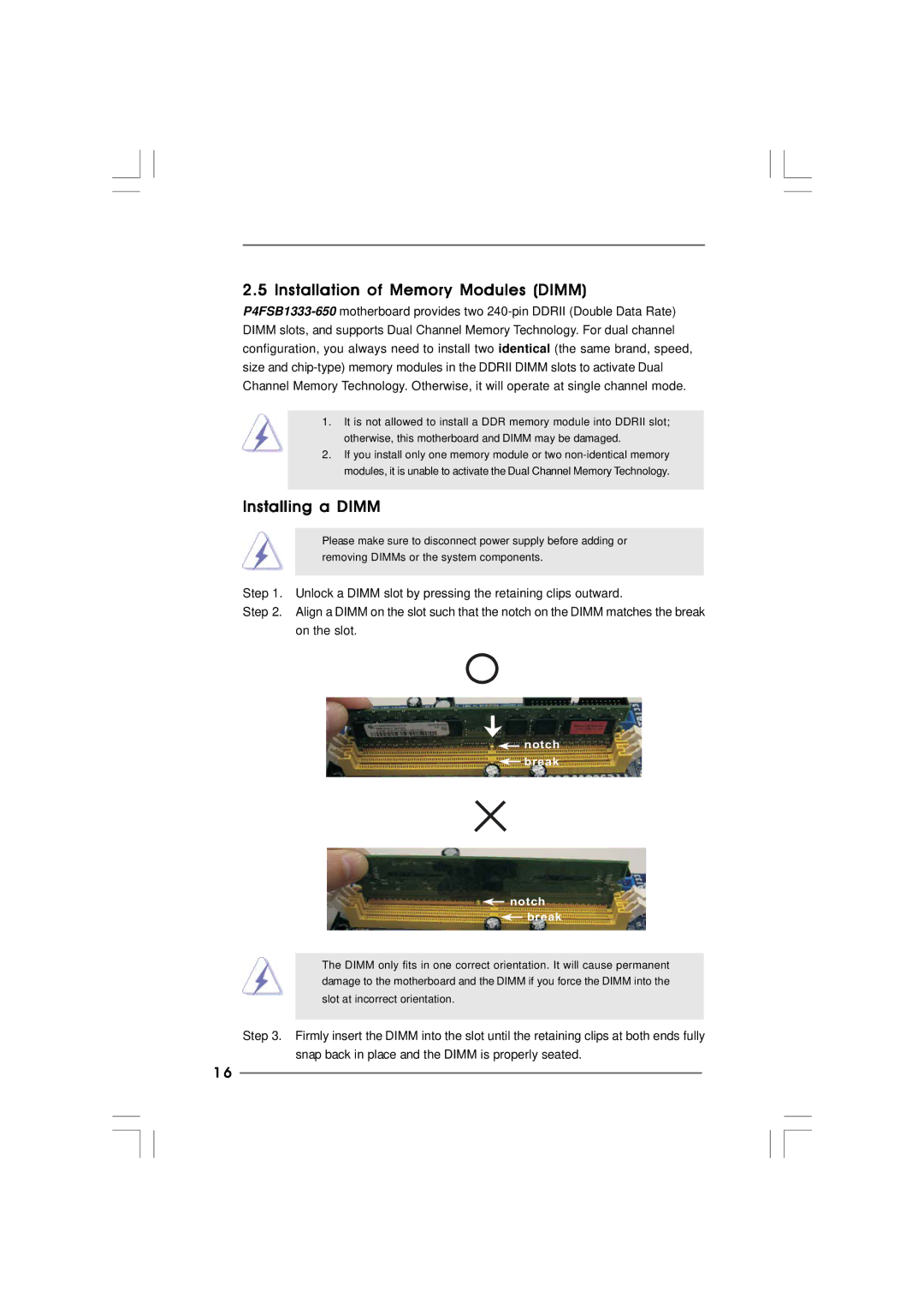 ASRock p4fsb1333-650 manual Installation of Memory Modules Dimm, Installing a Dimm 