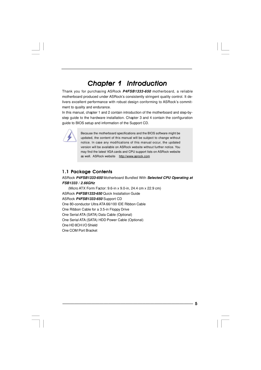 ASRock p4fsb1333-650 manual Introduction, Package Contents 