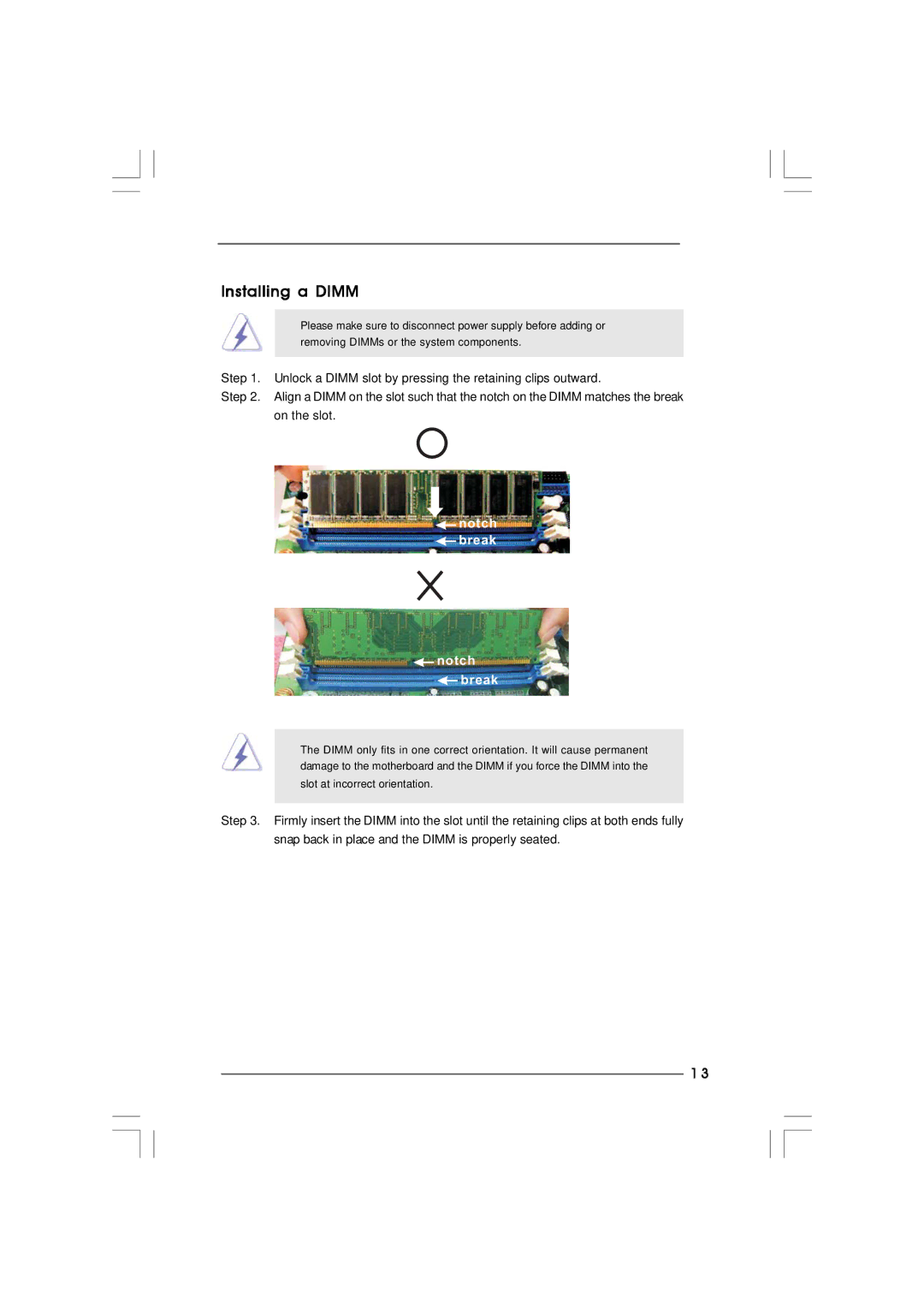 ASRock p4i65pe manual Installing a Dimm, Notch break 