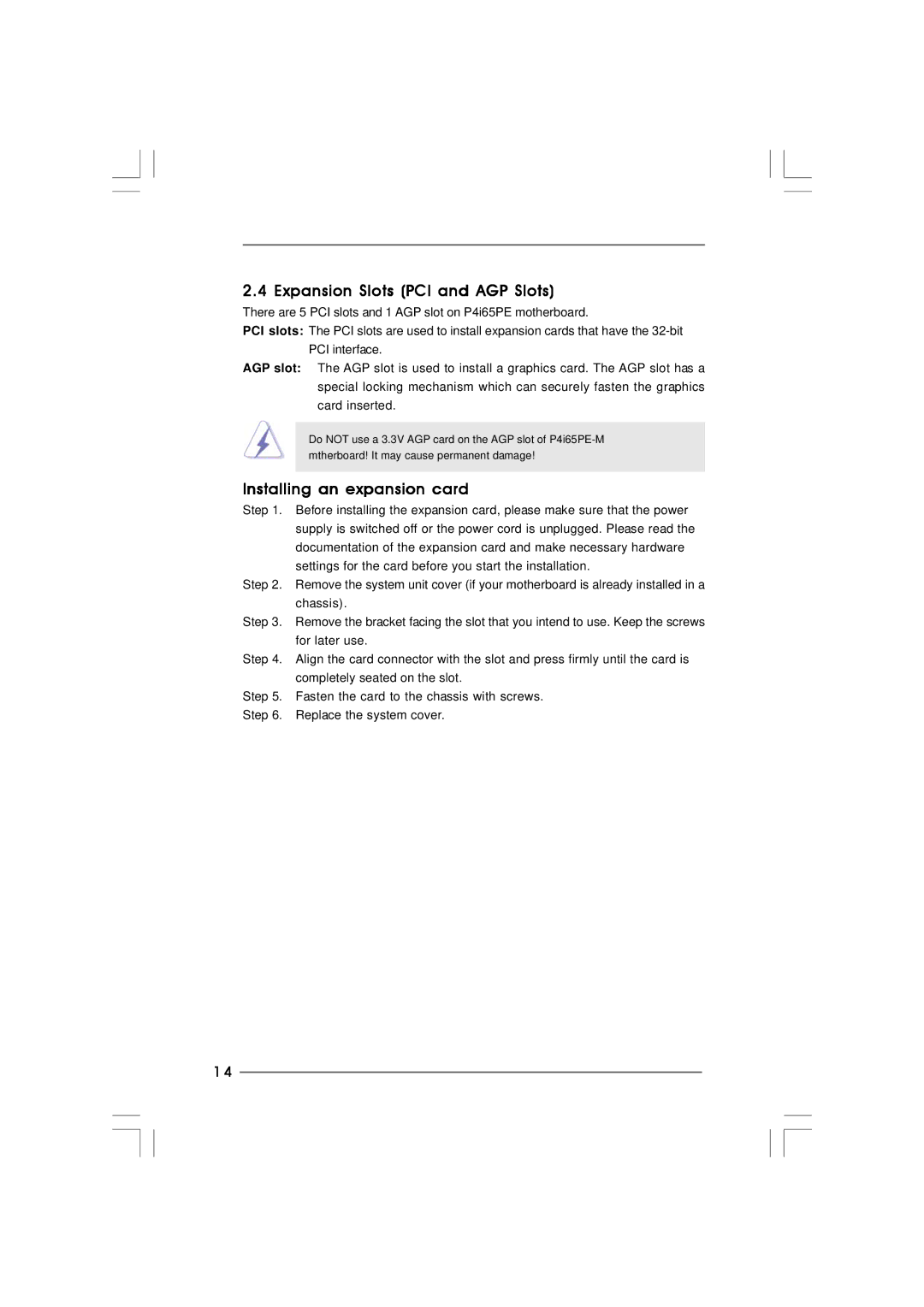 ASRock p4i65pe manual Expansion Slots PCI and AGP Slots, Installing an expansion card 