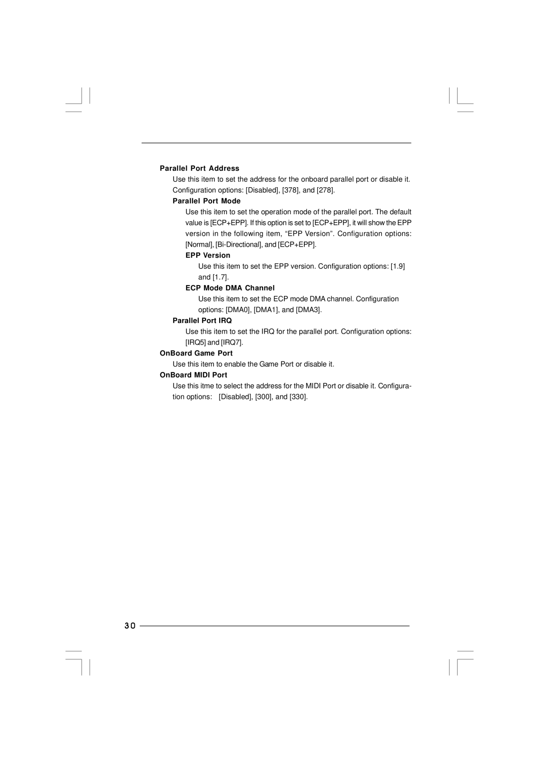 ASRock p4i65pe manual Parallel Port Address, Parallel Port Mode, EPP Version, ECP Mode DMA Channel, Parallel Port IRQ 