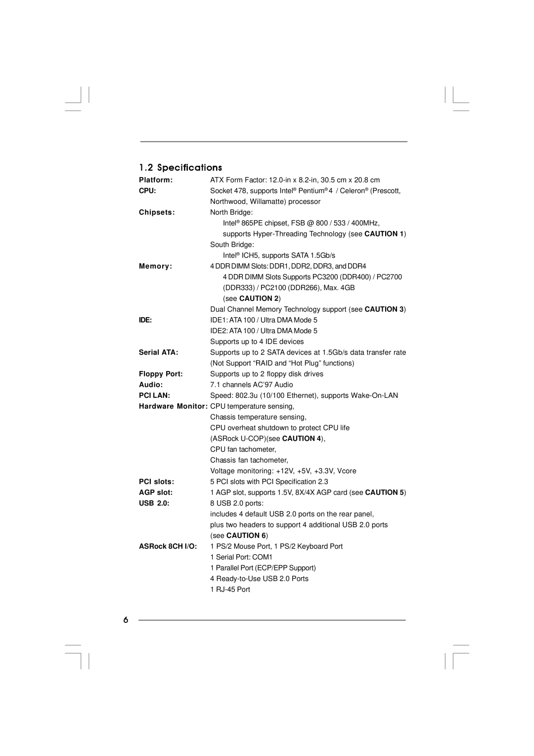 ASRock p4i65pe manual Specifications 