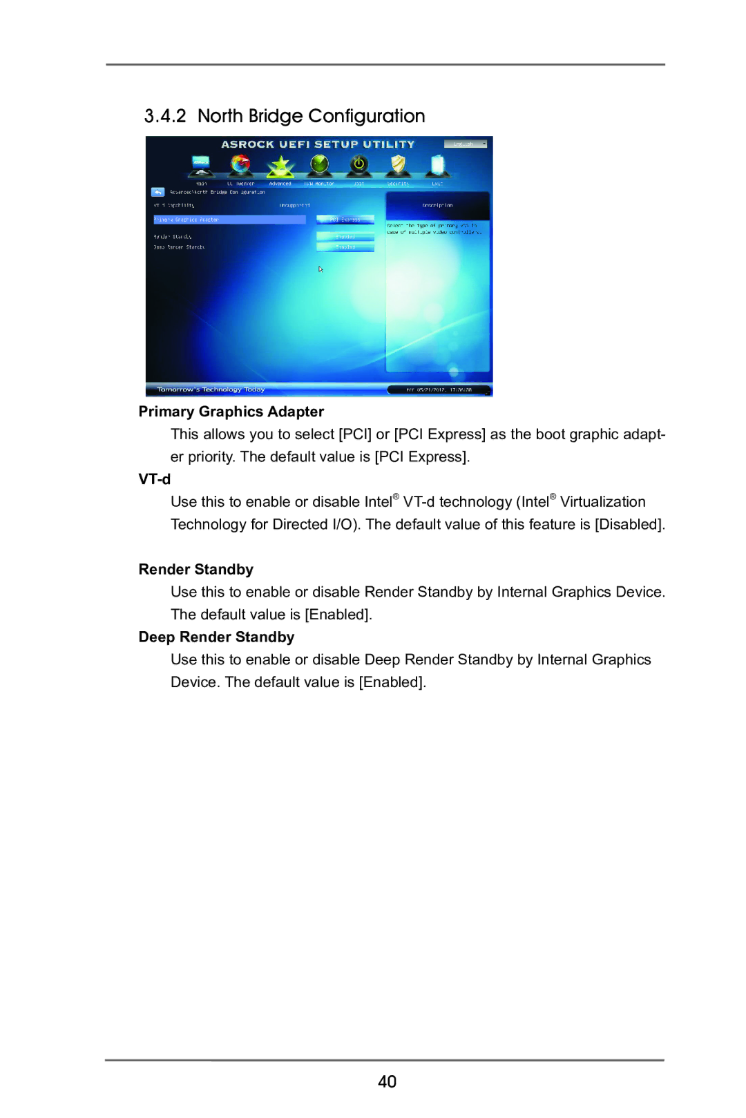 ASRock P65iCafe manual North Bridge Configuration, Primary Graphics Adapter, VT-d, Deep Render Standby 