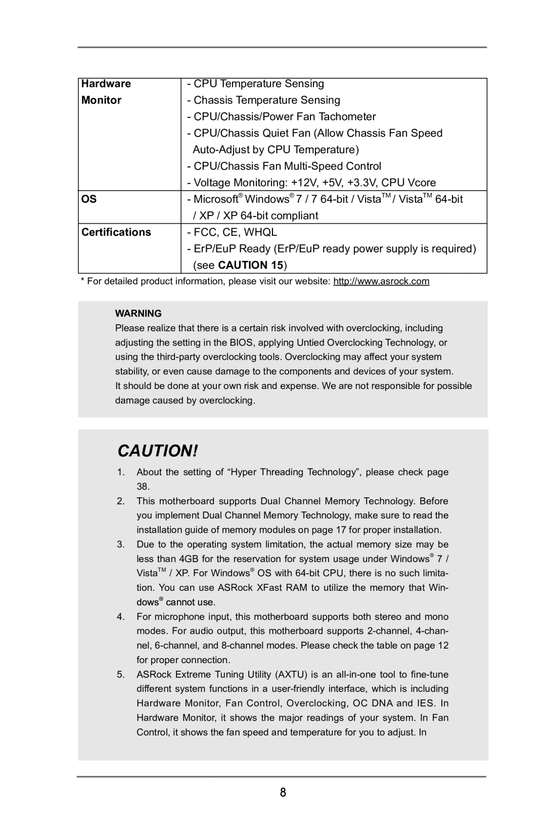 ASRock P65iCafe manual Hardware, Monitor, Certifications 