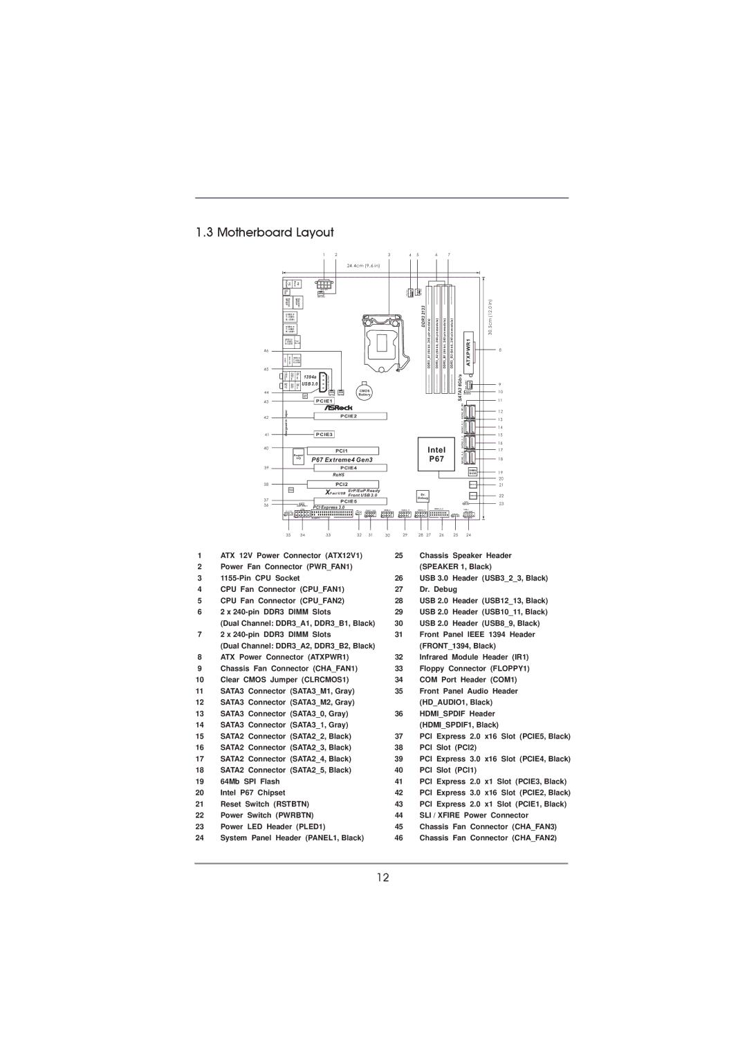 ASRock P67 Extreme4 Gen3 manual Motherboard Layout, 24.4cm 9.6 