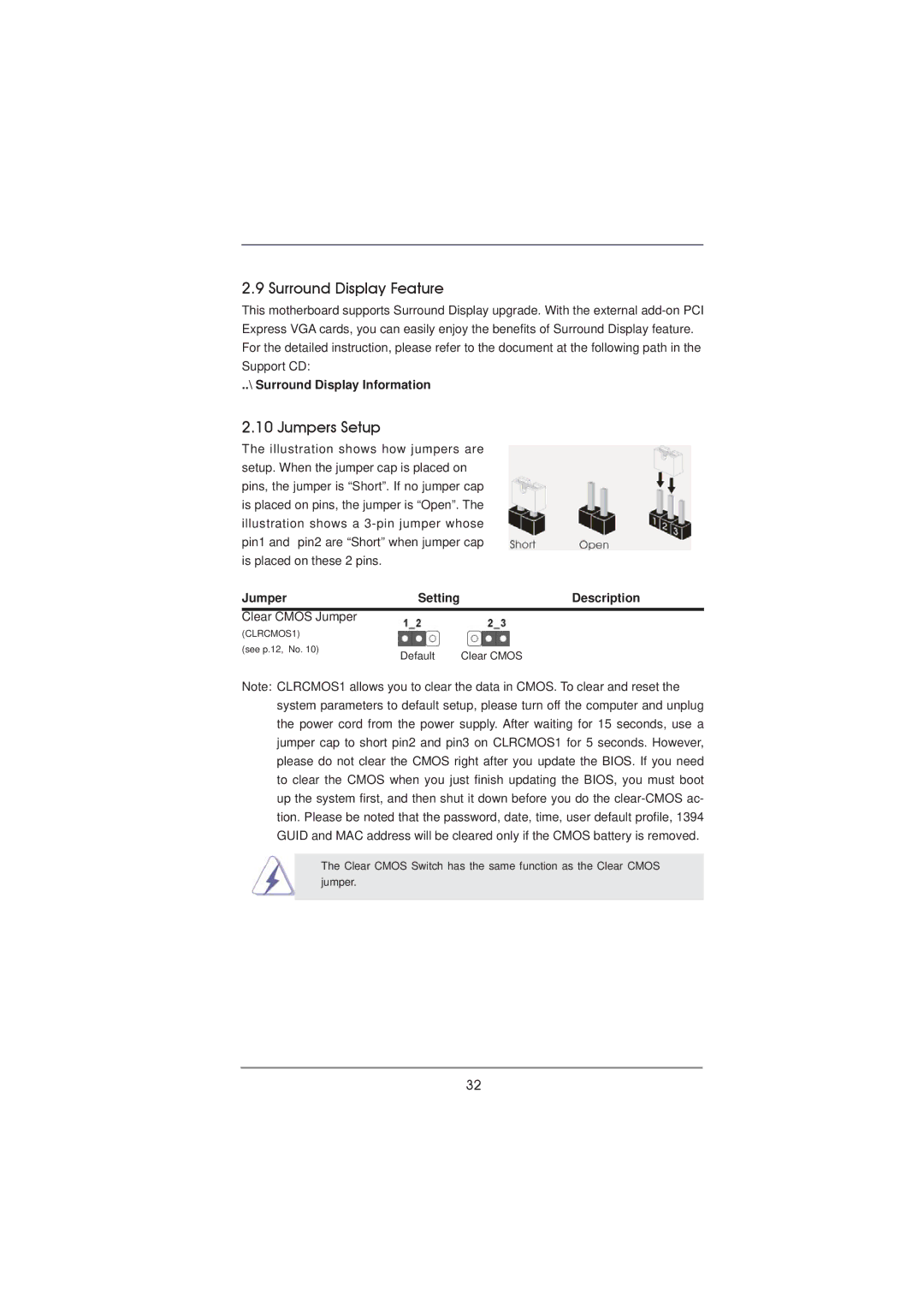 ASRock P67 Extreme4 Gen3 manual Surround Display Feature, Jumpers Setup, Surround Display Information, Description 