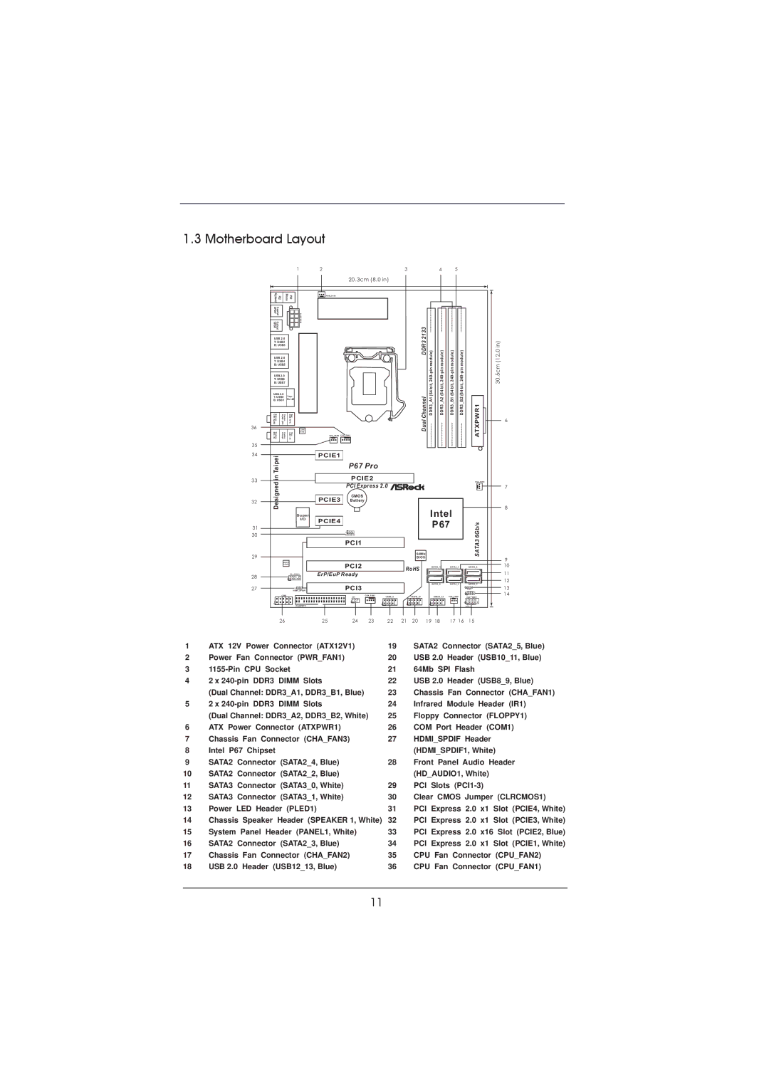 ASRock P67 Pro manual Motherboard Layout, 20.3cm 8.0 