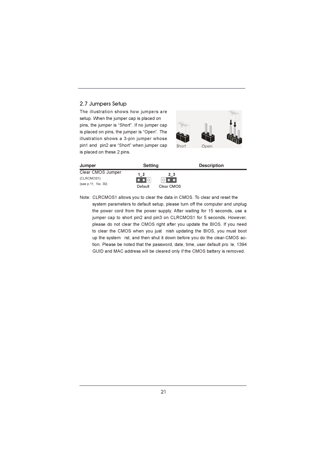 ASRock P67 Pro manual Jumpers Setup, Description 