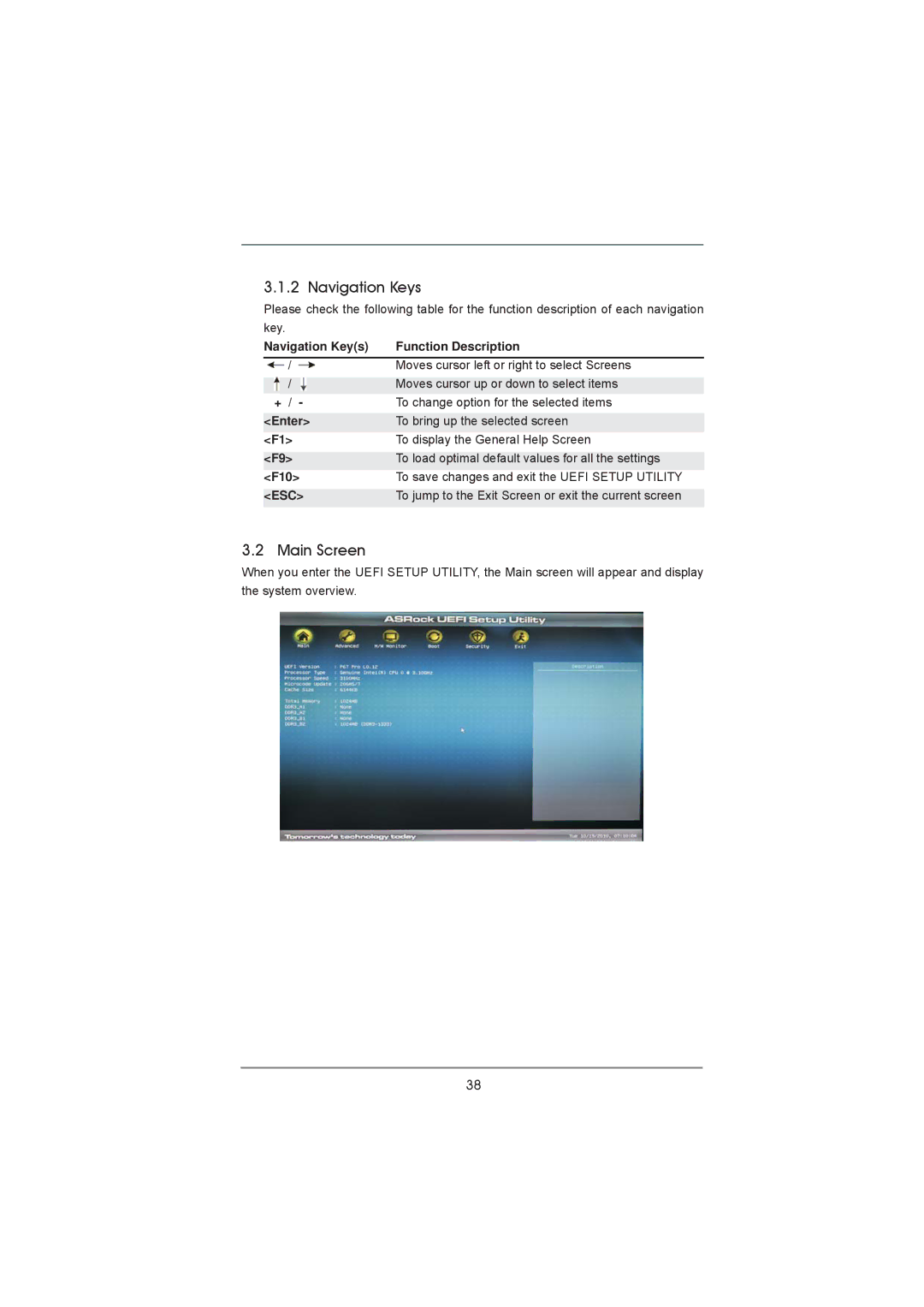 ASRock P67 Pro manual Navigation Keys, Main Screen, To jump to the Exit Screen or exit the current screen 