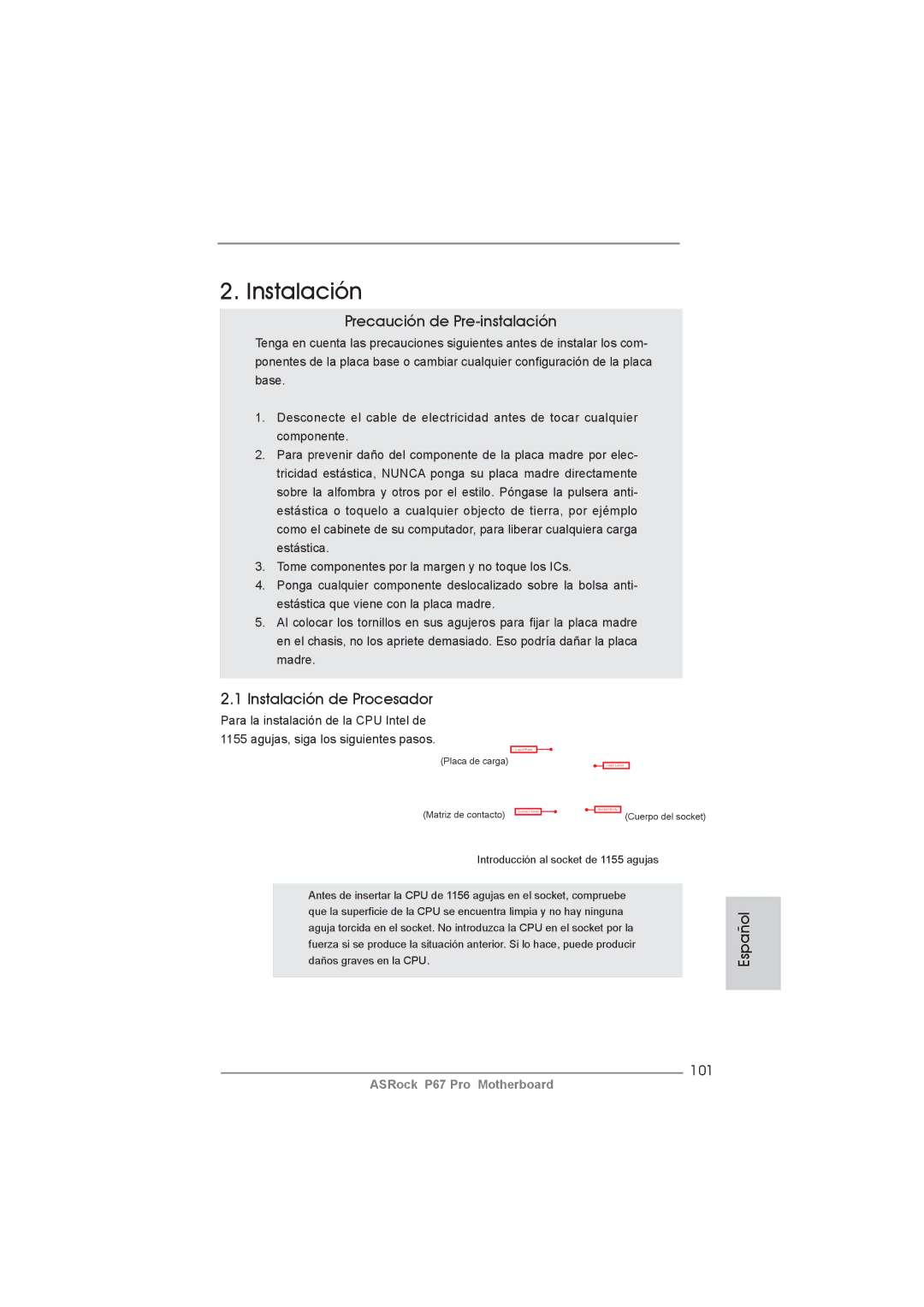 ASRock P67 Pro manual Precaución de Pre-instalación, Instalación de Procesador, 101 