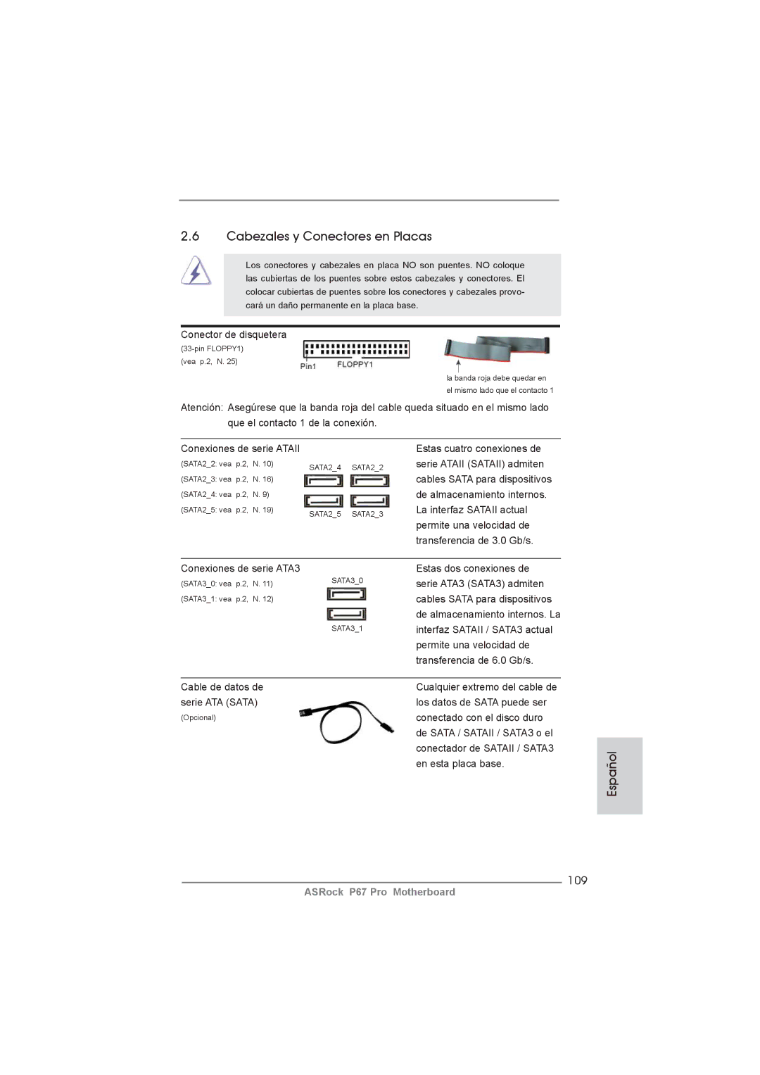 ASRock P67 Pro manual Cabezales y Conectores en Placas, 109 