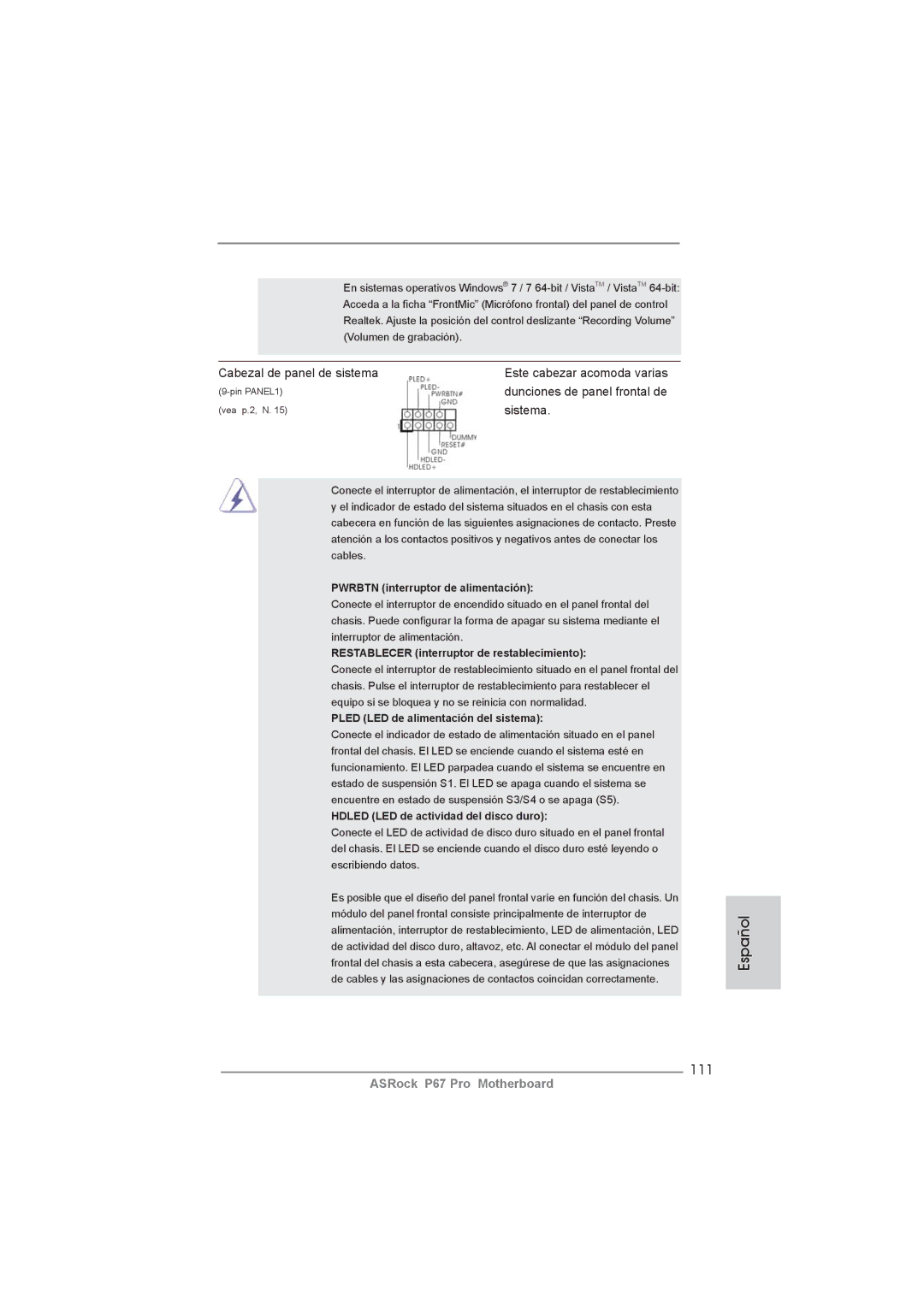 ASRock P67 Pro manual 111, Cabezal de panel de sistema, Sistema 