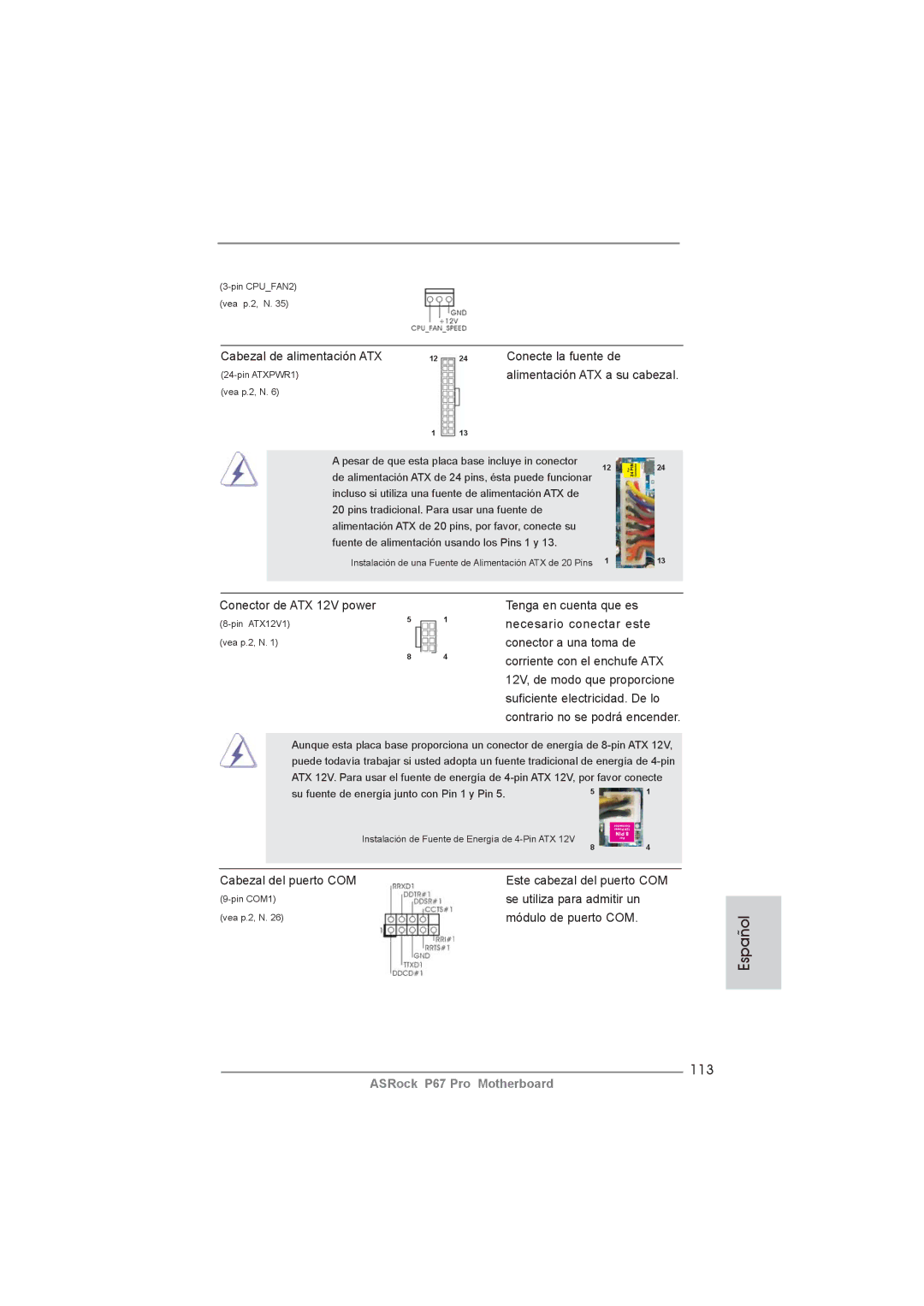 ASRock P67 Pro manual 113, Cabezal de alimentación ATX Conecte la fuente de 