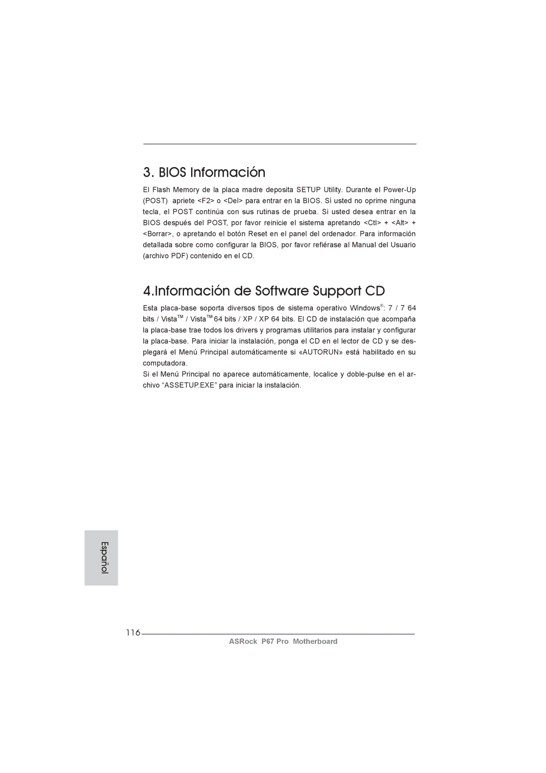 ASRock P67 Pro manual Bios Información Información de Software Support CD, 116 