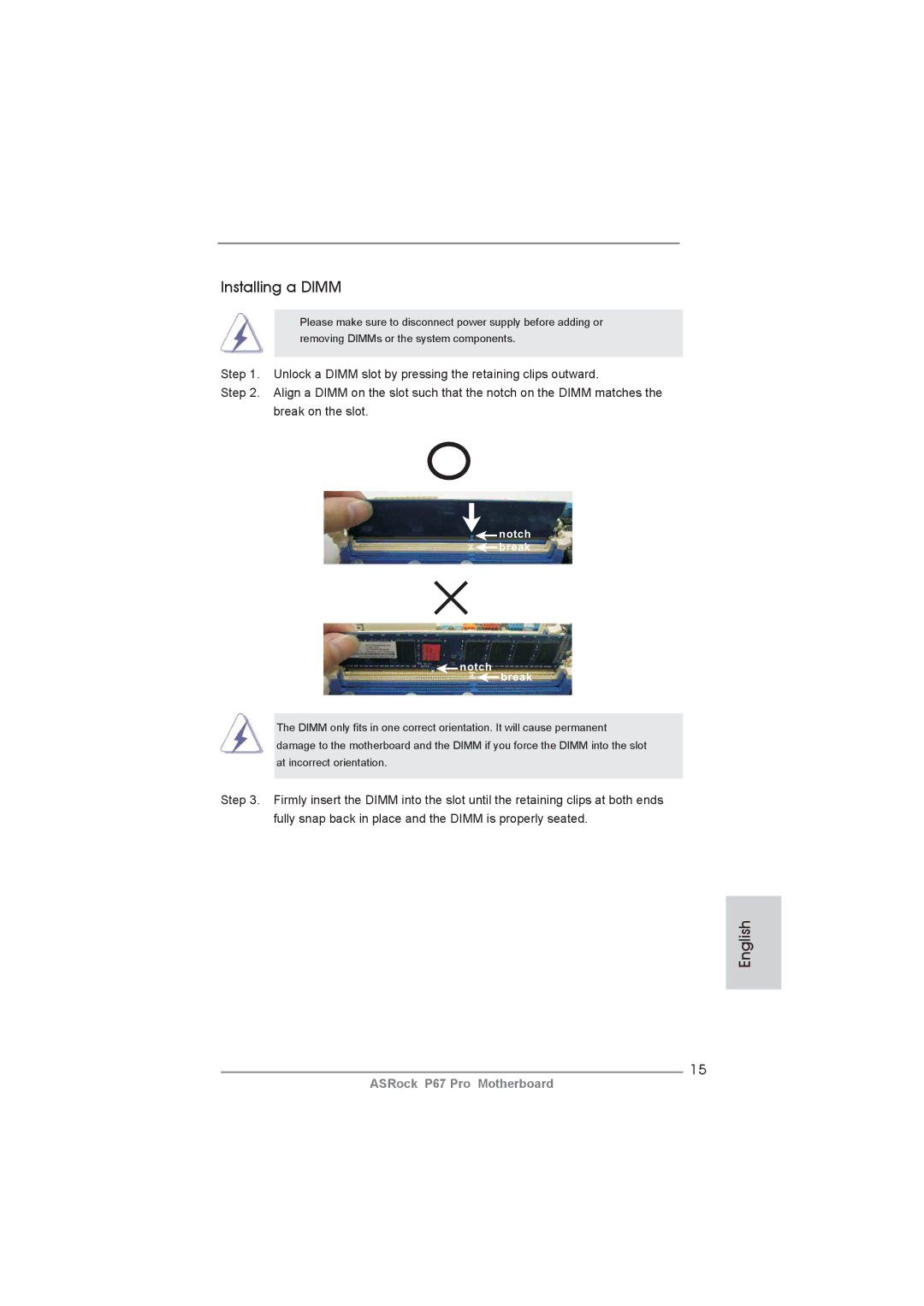 ASRock P67 Pro manual Installing a Dimm, Notch break Break 