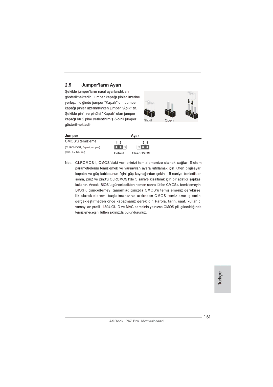 ASRock P67 Pro manual Jumperların Ayarı, 151, Jumper Ayar, CMOS’u temizleme 