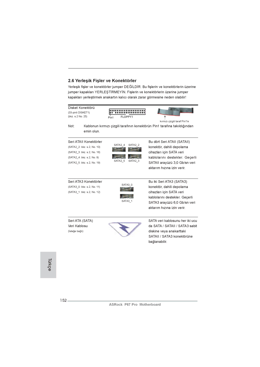 ASRock P67 Pro manual Yerleşik Fişler ve Konektörler, 152 