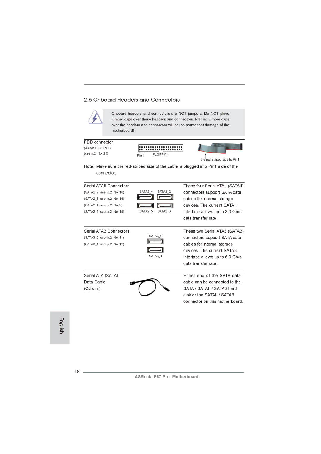 ASRock P67 Pro manual Onboard Headers and Connectors, FDD connector, Serial Ataii Connectors, Sata / Sataii / SATA3 hard 