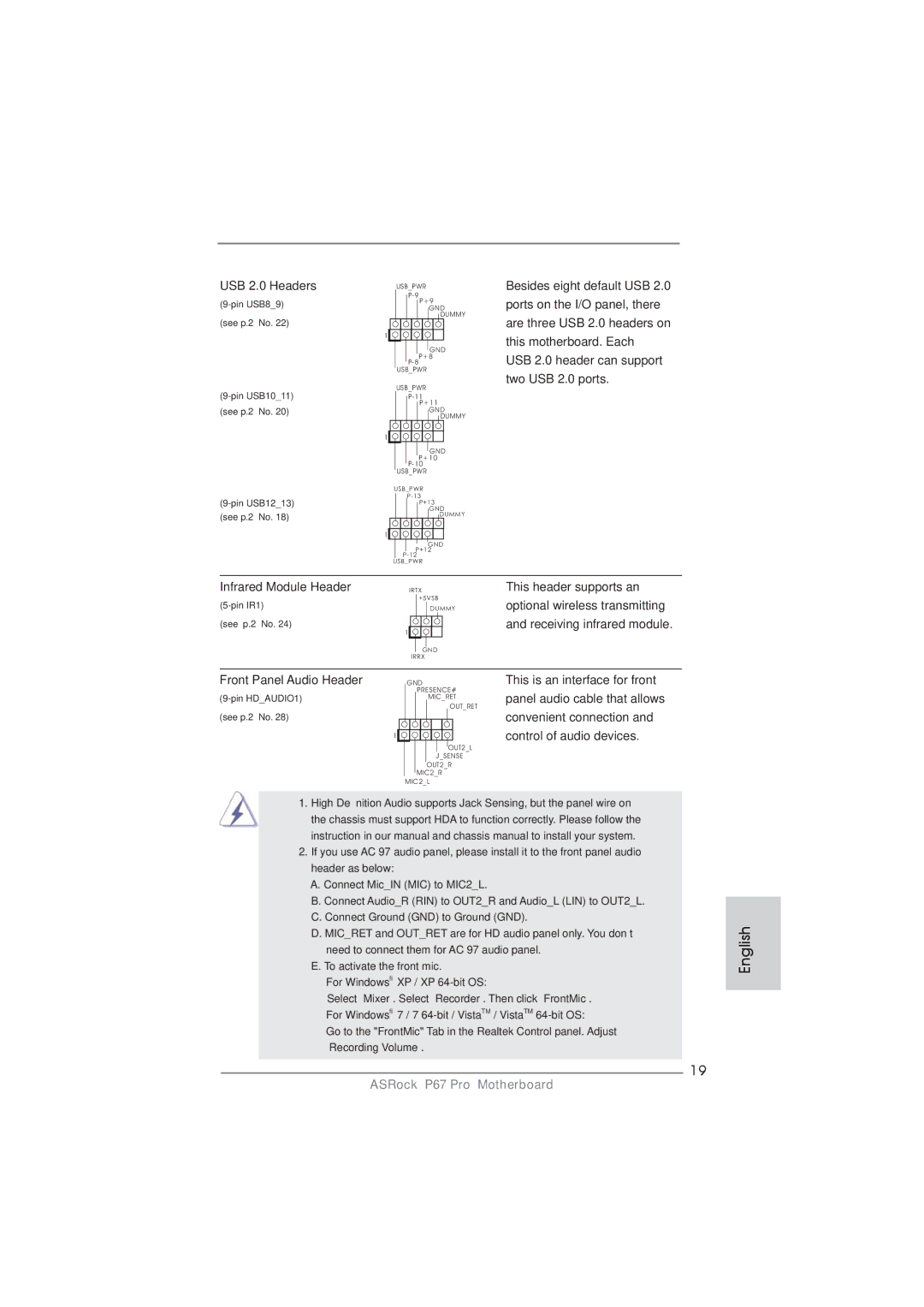 ASRock P67 Pro manual USB 2.0 Headers, This header supports an, Optional wireless transmitting, Front Panel Audio Header 