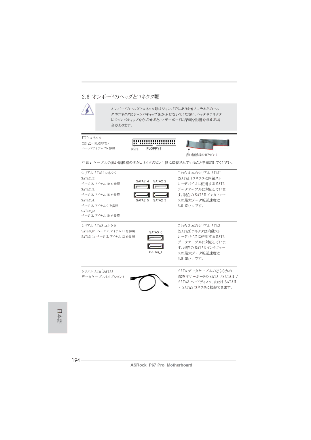 ASRock P67 Pro manual オンボードのヘッダとコネクタ類, 194 